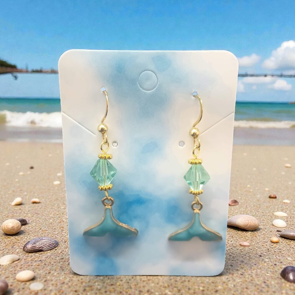 Mermaid Tail Drop Earrings Ocean Teal Coastal Chic Hand crafted. Original Design